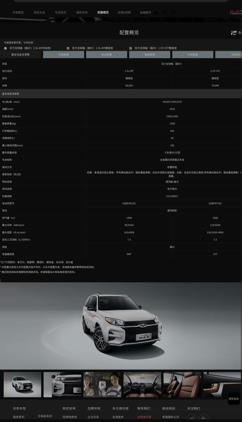 奇瑞瑞虎3，1.5T/CVT,价格7.99万。官方价格配置已在官网公布。