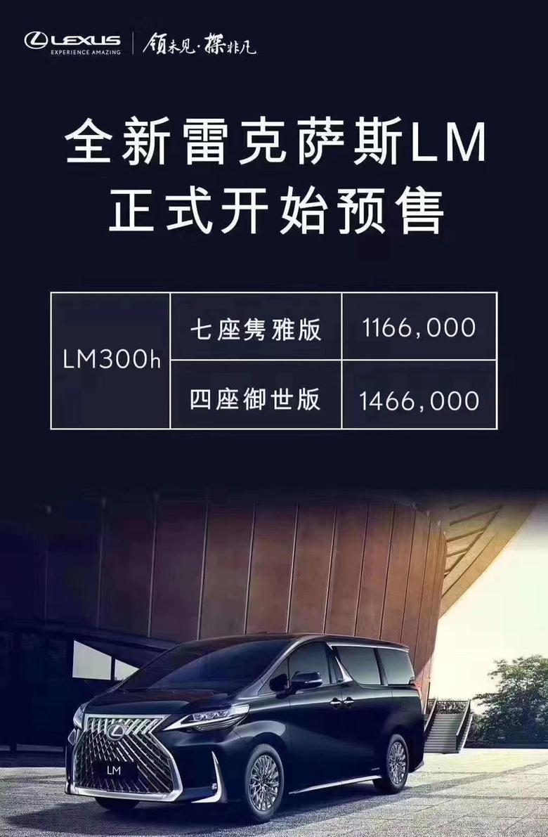 雷克萨斯LM300h共推出两款车型：七座隽雅版及四座御世版，将于2020年2月24日正式开启销售，厂商建议零售价分别为人民币116.6万元及146.6万元。