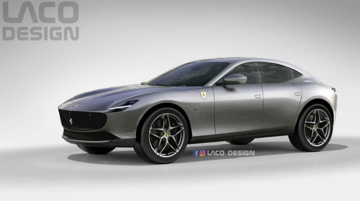 外媒绘制的Ferrari新SUV车型Purosangue渲染图​​。感觉有些像加高的Roma。