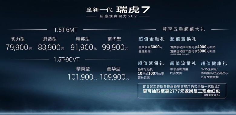 全新一代瑞虎7售价区间为：7.99万 10.99万元全新一代瑞虎7PRO售价区间为：11.89万--14.19万元