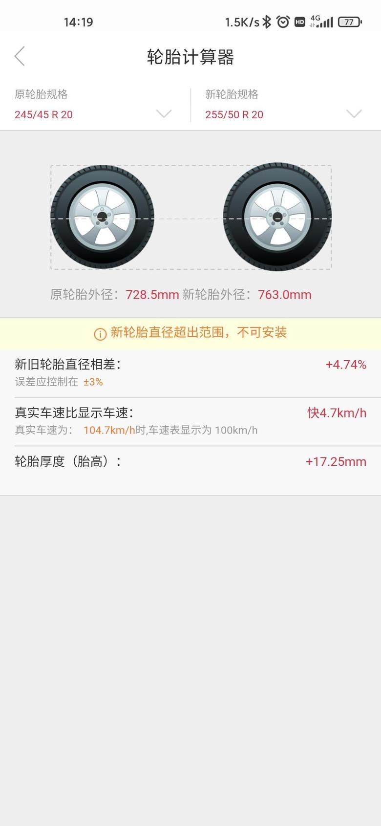 唐dm DMI不知道能不能换2555020的轮胎啊？轮胎计算器提示的大了4.74%不可以安装难道就只能小脚丫子了？