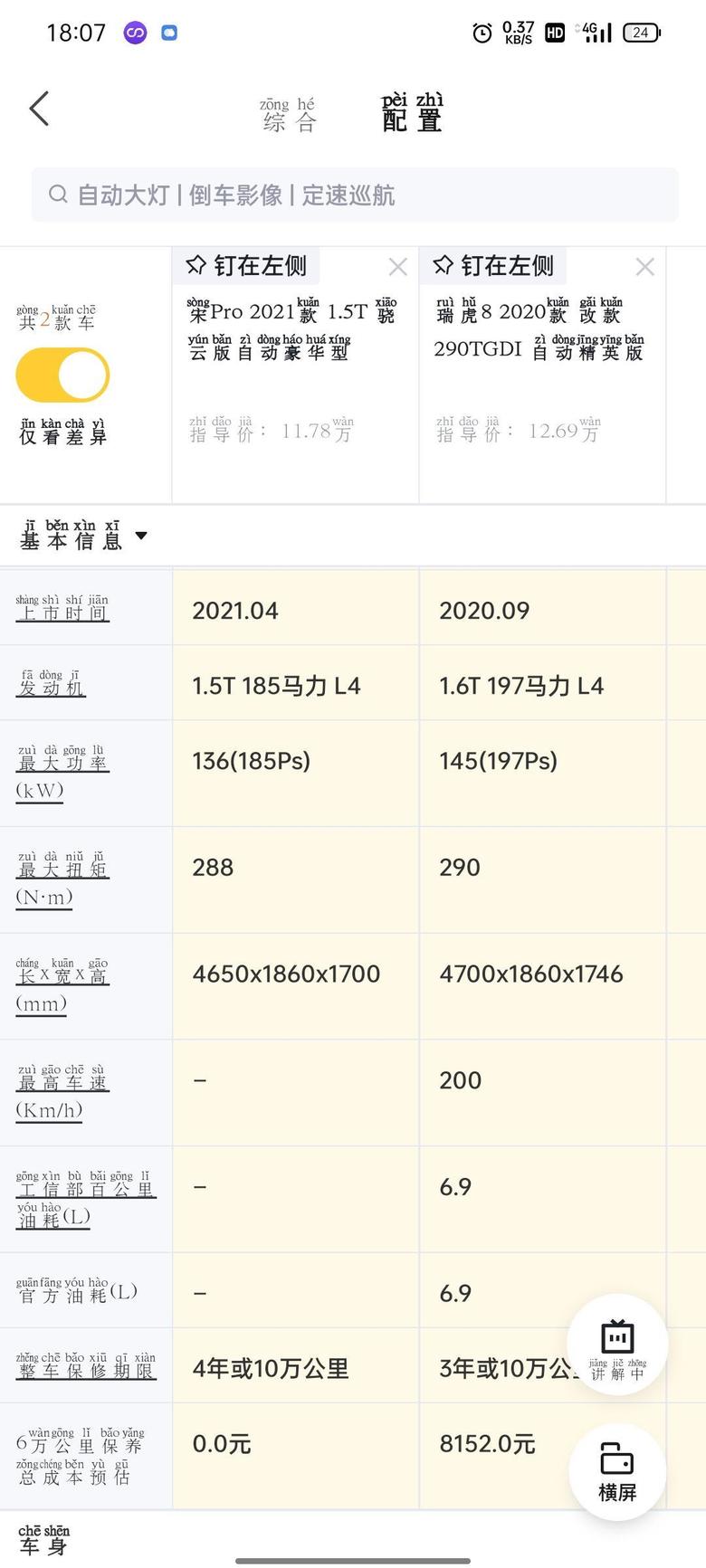 瑞虎8虎81.6T改款自动精英和宋pro晓云版自动豪华买哪个好？