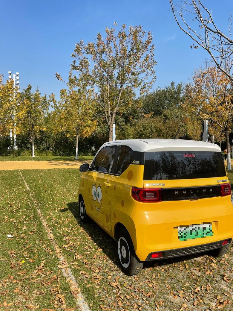 五菱宏光miniev 这几天阳光正好，开车带孩子来公园里玩，柠檬黄色的小车子和秋天的落叶黄配在一起太好看了，忍不住多拍几张照片。